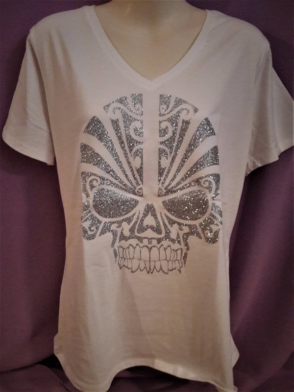 Damen V-Neck T-Shirt mit silber glitzer Totenkopf, Skull Motiv