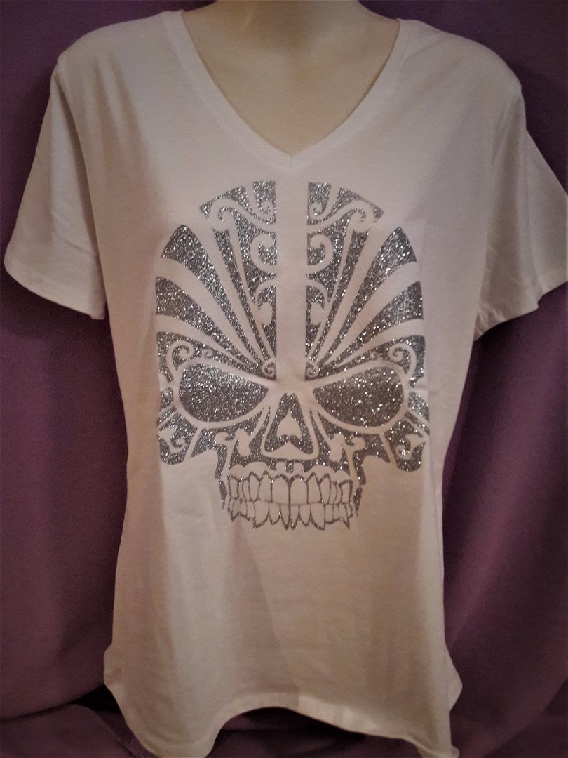 Damen V-Neck T-Shirt mit silber glitzer Totenkopf, Skull Motiv - Nickys  Fashion Shop