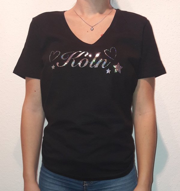 Damen V-Neck T-Shirt,schwarz mit Effekt Aufdruck "Köln"